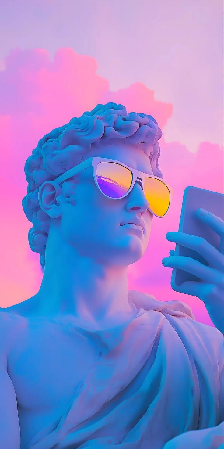 Modern Statue Art Wallpaper – Pink & Blue Surreal Aesthetic