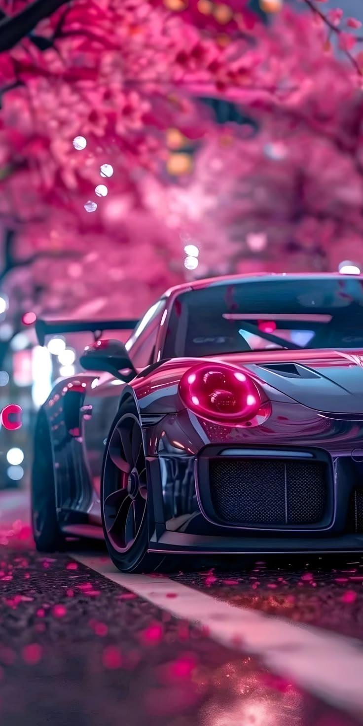Sports Car Cherry Blossom Blue Wallpaper