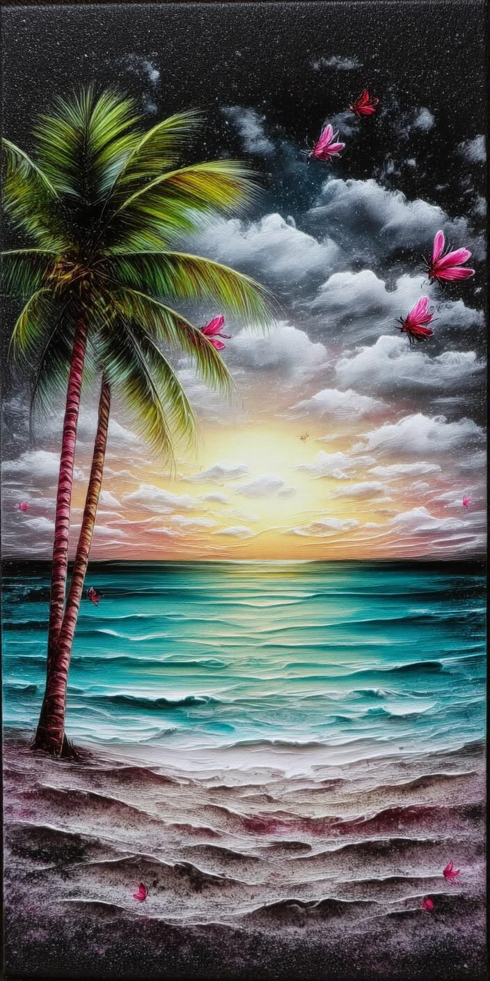 Tropical Beach Sunset with Palm Trees Wallpaper