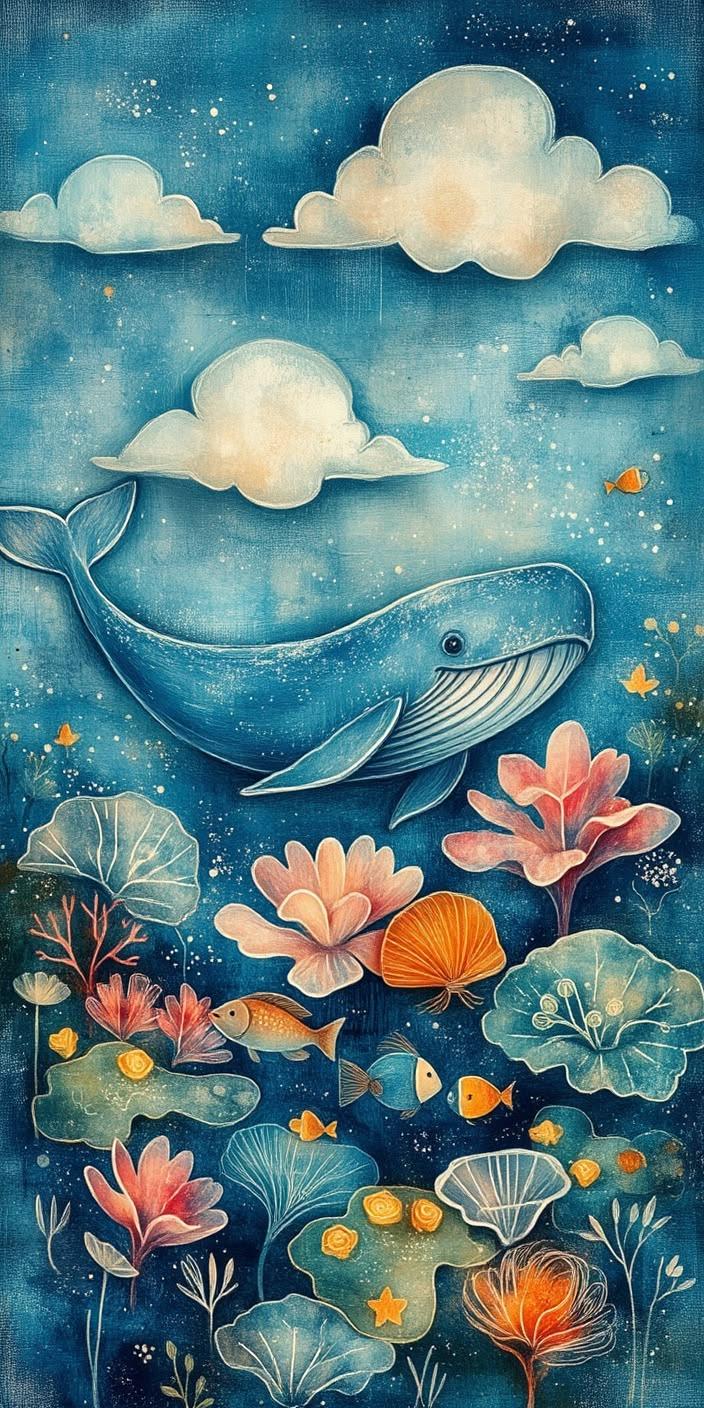 Dreamy Watercolor Blue Whale Ocean Wallpaper