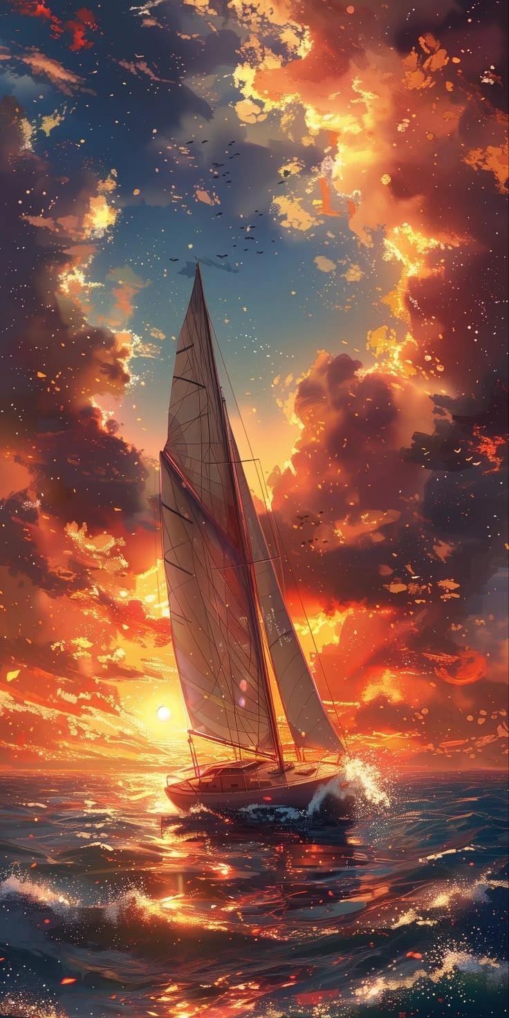 Sailboat Sunset Waves Wallpaper