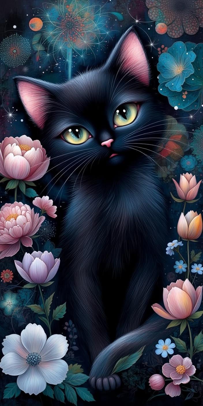 Floral Night Cat Aesthetic Wallpaper