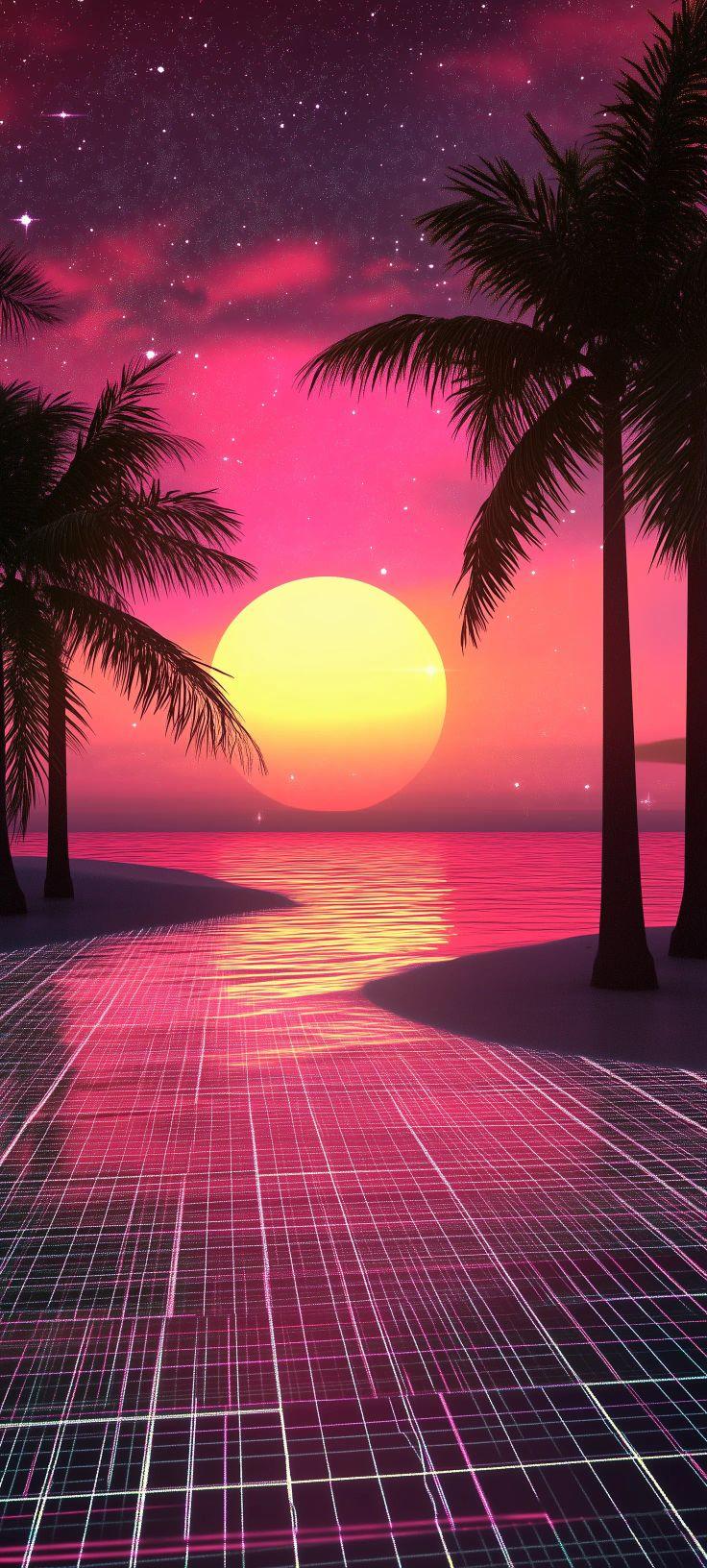 Synthwave Neon Grid Sunset Wallpaper