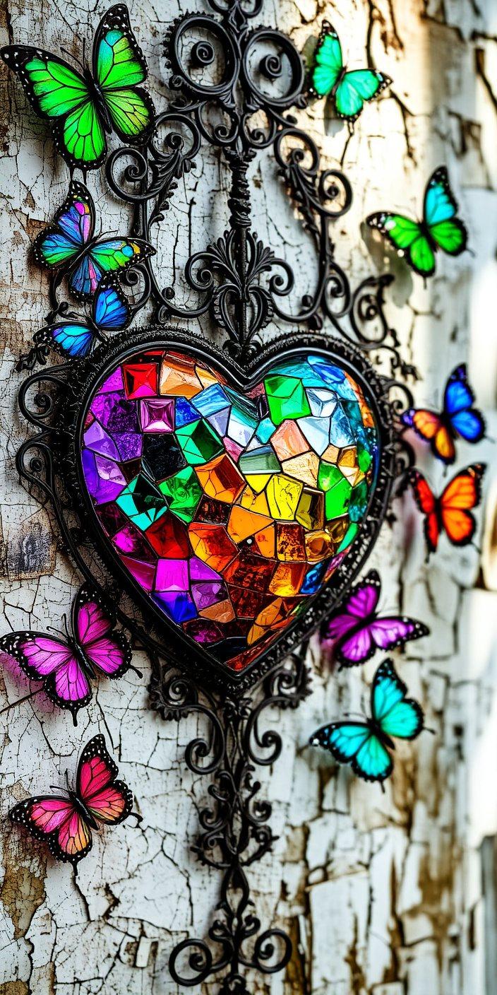 Mosaic Heart & Butterflies Wallpaper