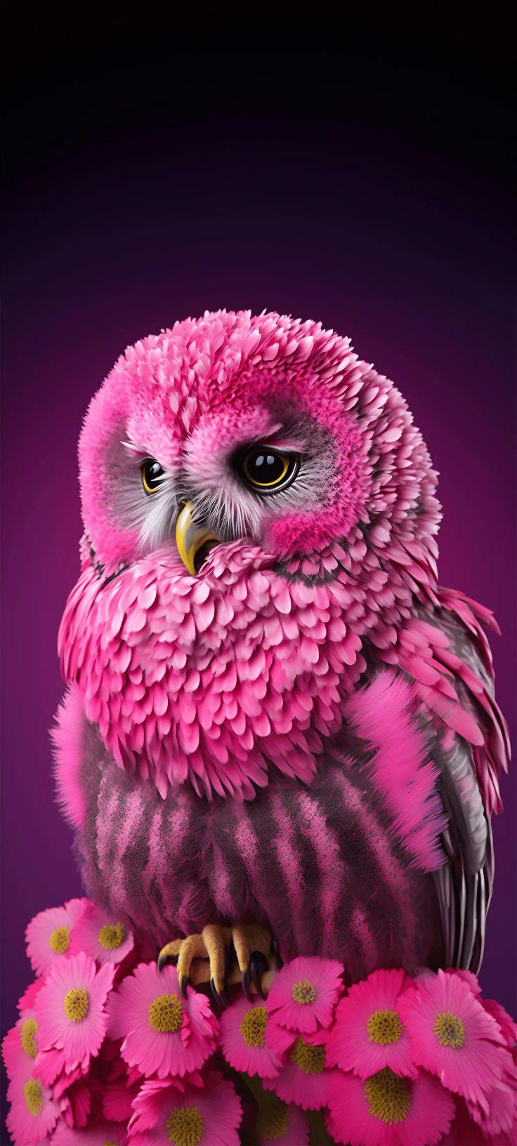 Fluffy Pink Owl and Daisies Wallpaper