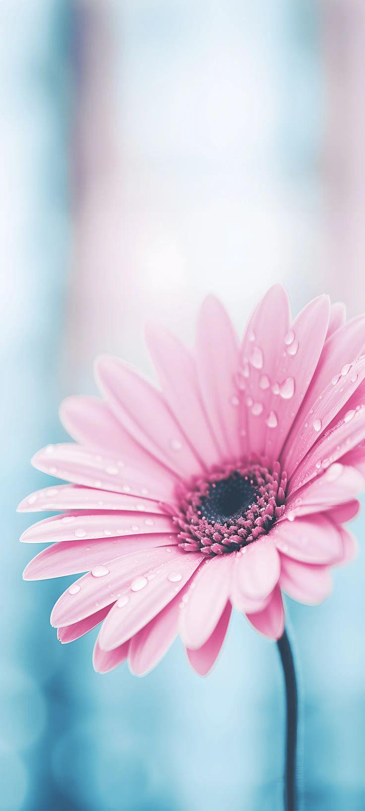 Dewy Pink Gerbera on Blue Wallpaper