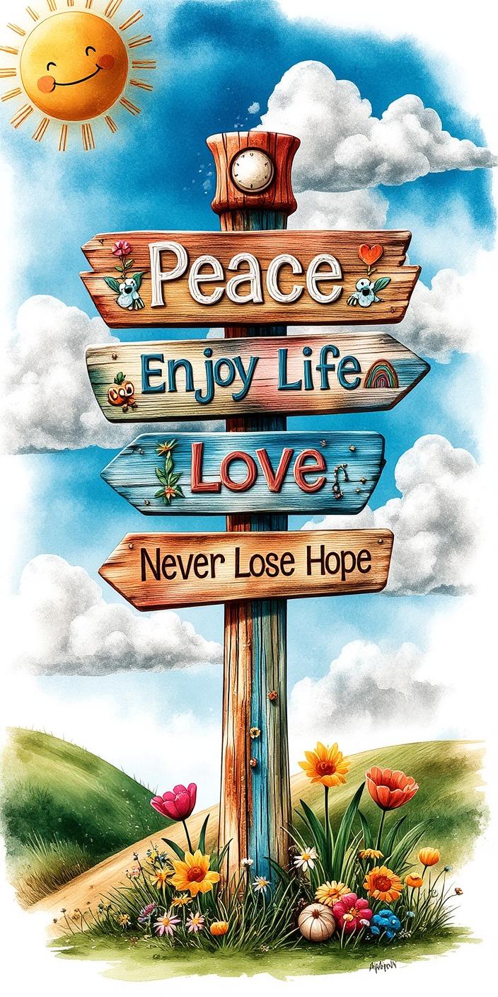 Whimsical Wooden Signpost Motivation Wallpaper