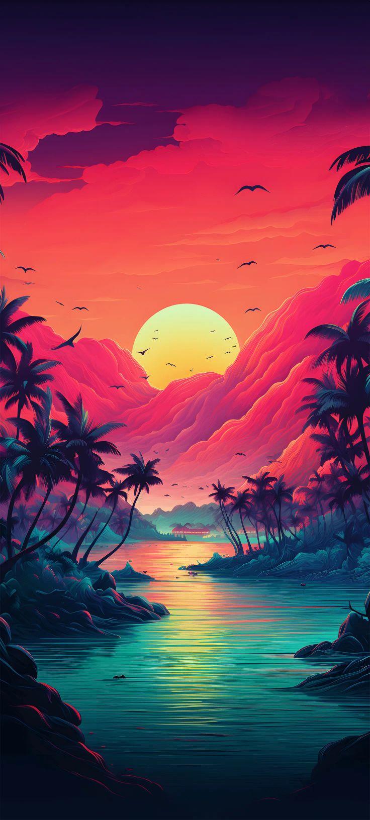 Tropical Palm Sunset Lagoon Wallpaper