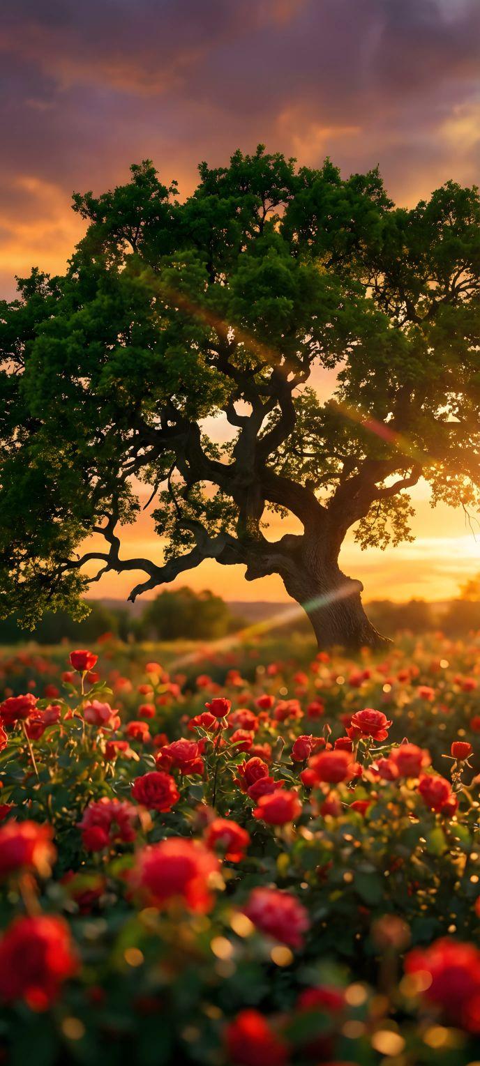 Sunlit Oak Tree Rose Field Wallpaper