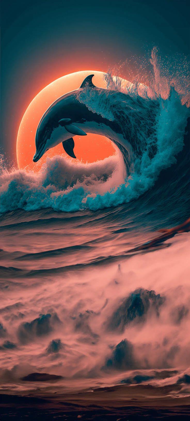 Jumping Dolphin Sunset Wave Wallpaper