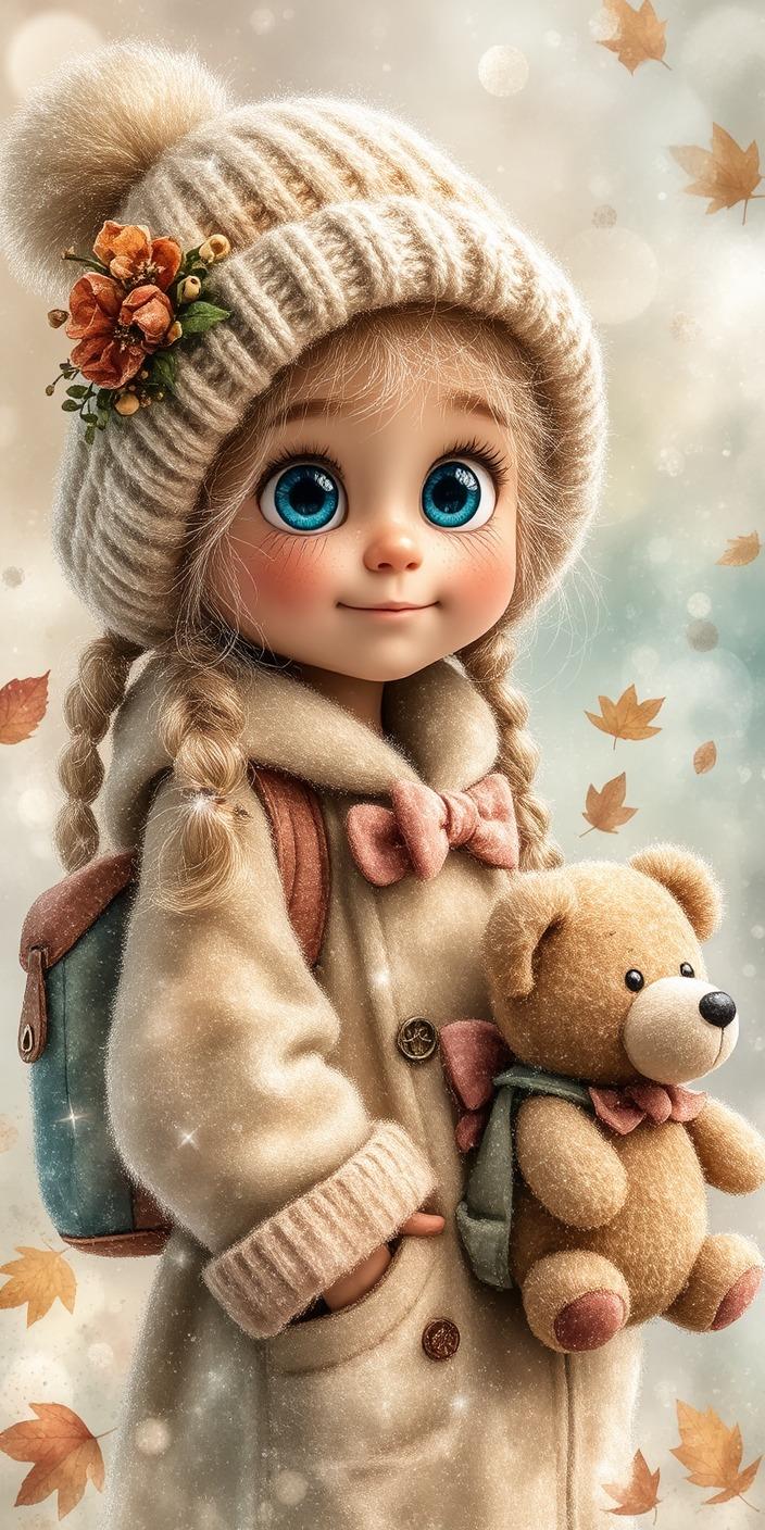 Cute Autumn Girl and Teddy Bear Wallpaper