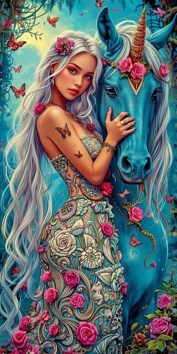 Fantasy Blue Unicorn and Floral Princess Wallpaper