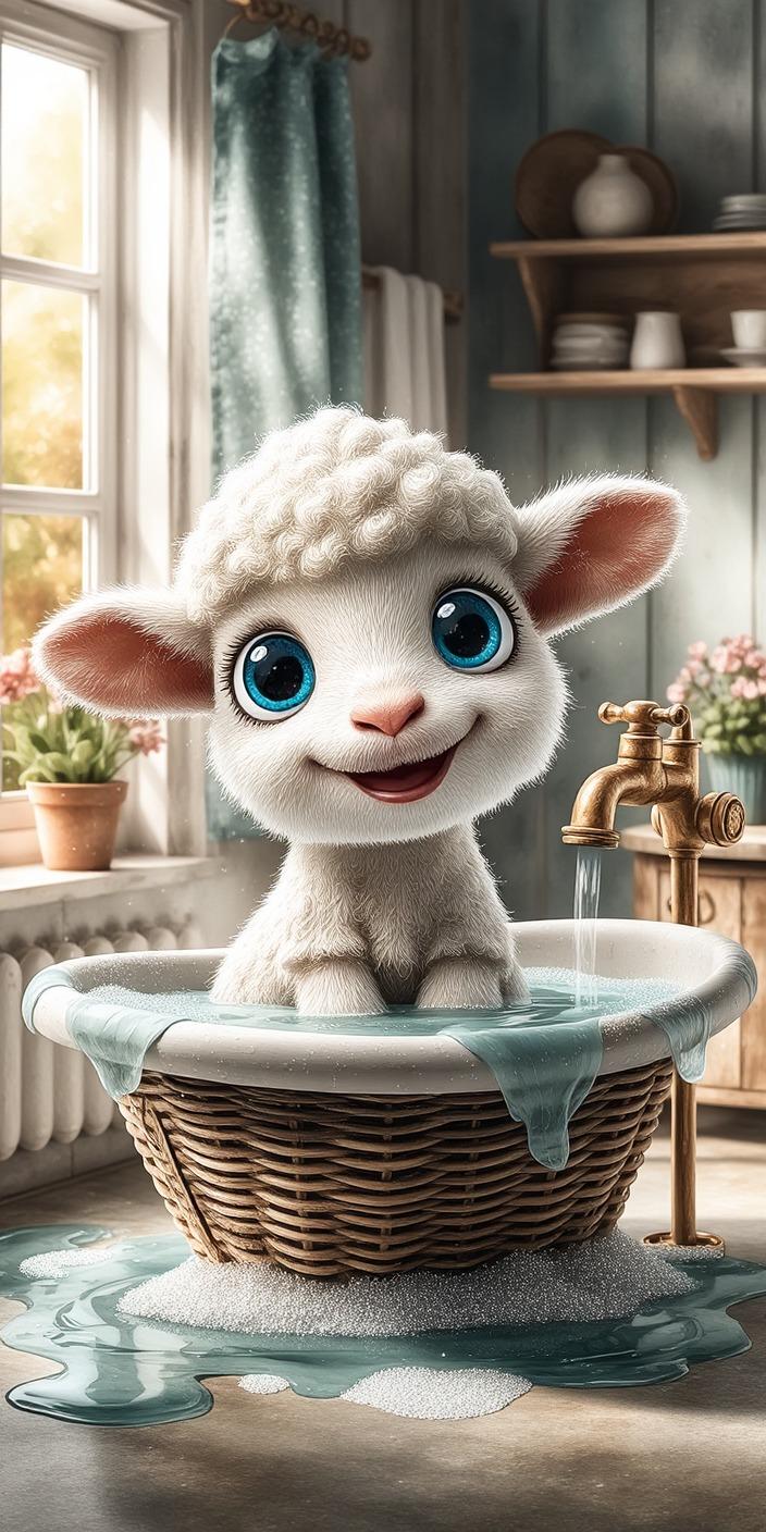 Cute Baby Lamb Bath Time Wallpaper