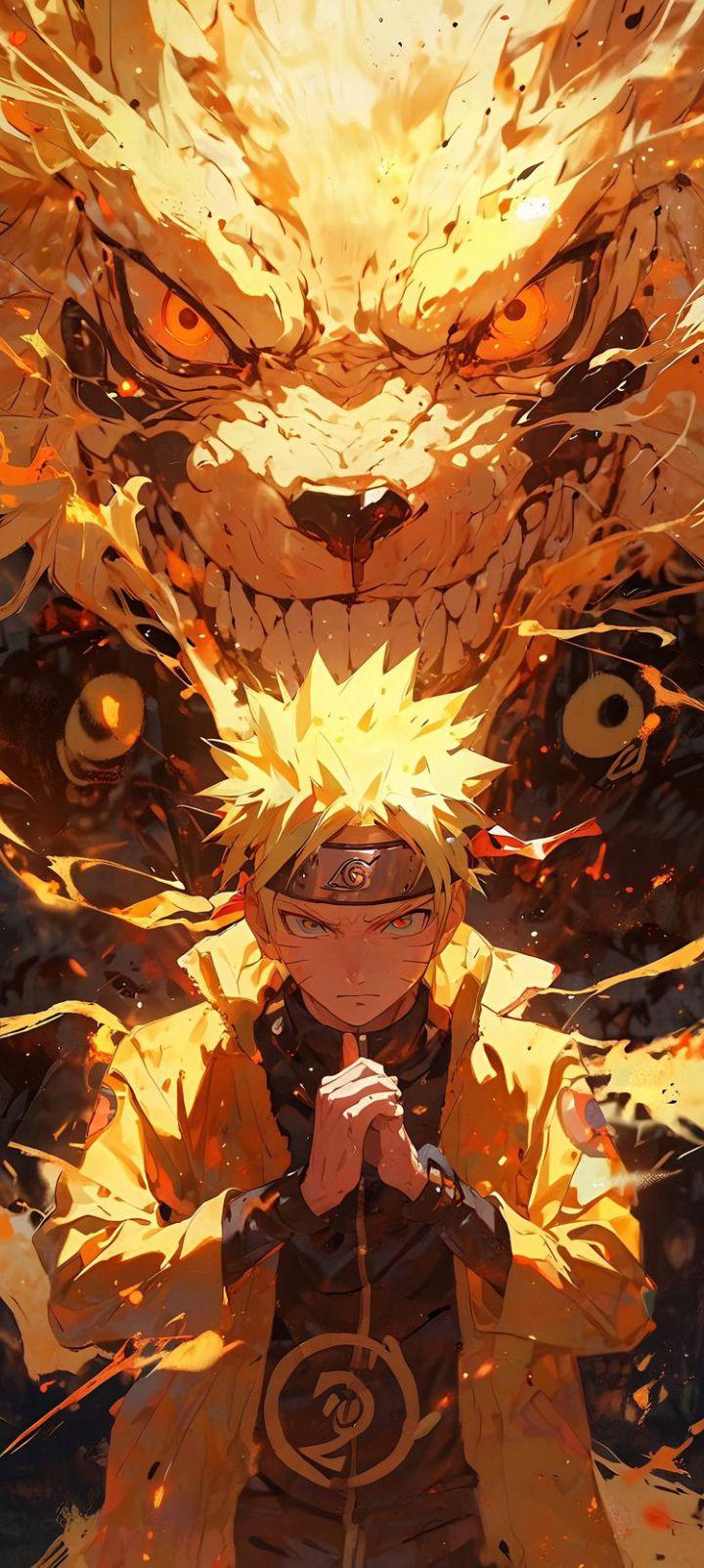 Naruto and Kurama Nine-Tails Fiery Chakra Wallpaper