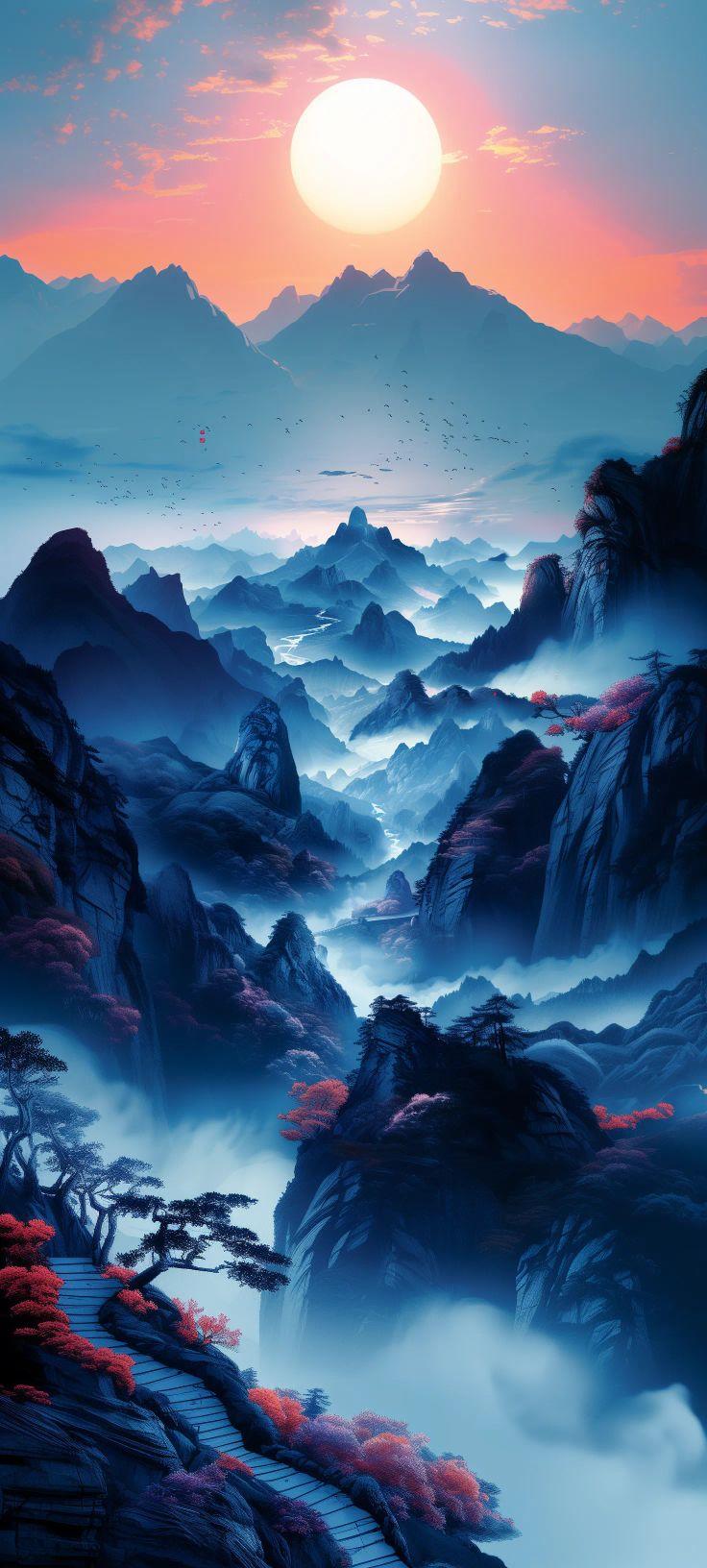 Mystic Blue Mountain Valley Sunset Wallpaper