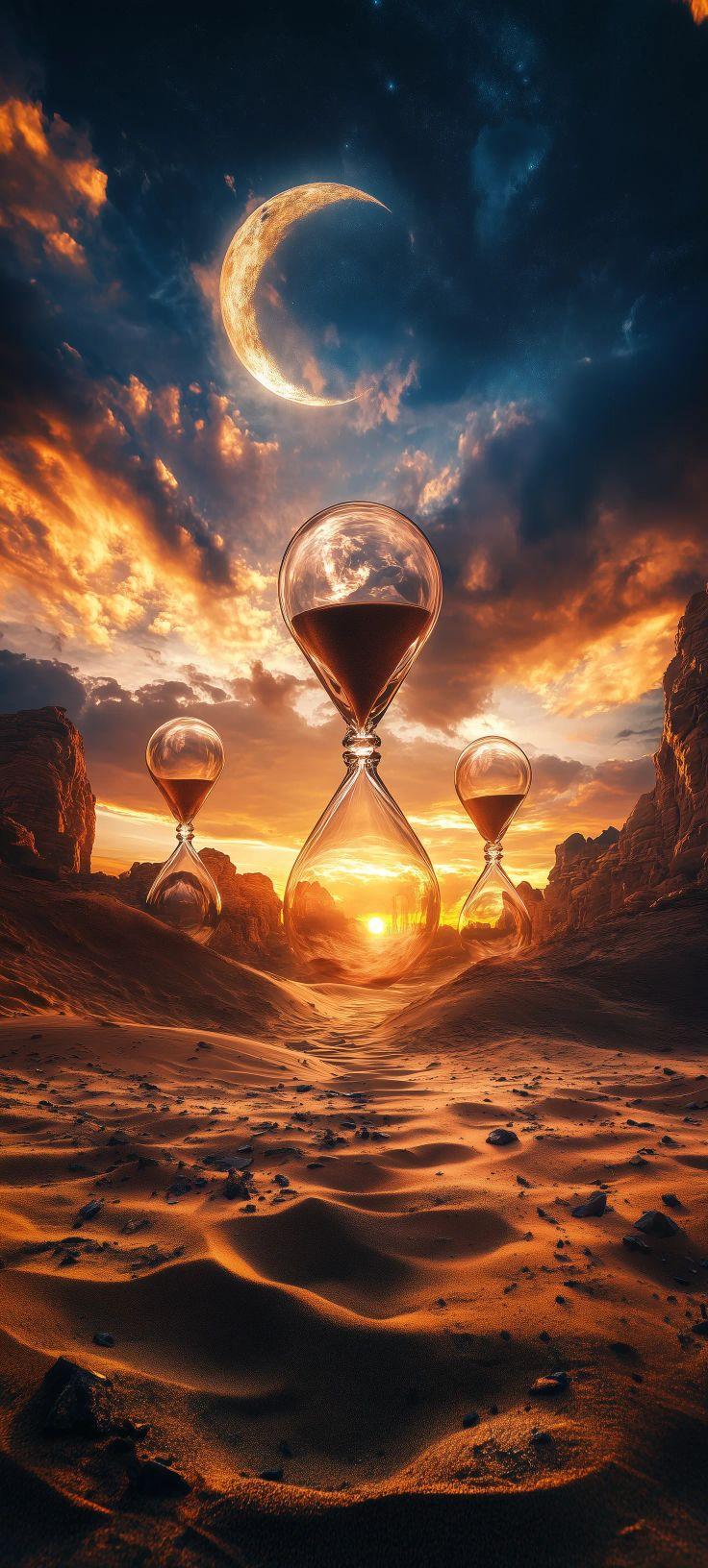 Surreal Desert Hourglasses and Crescent Moon Wallpaper
