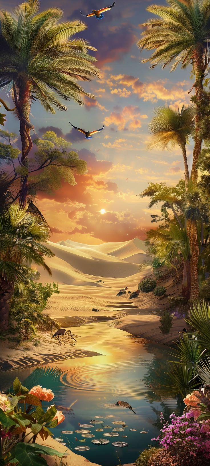 Desert Oasis Sunset Wallpaper