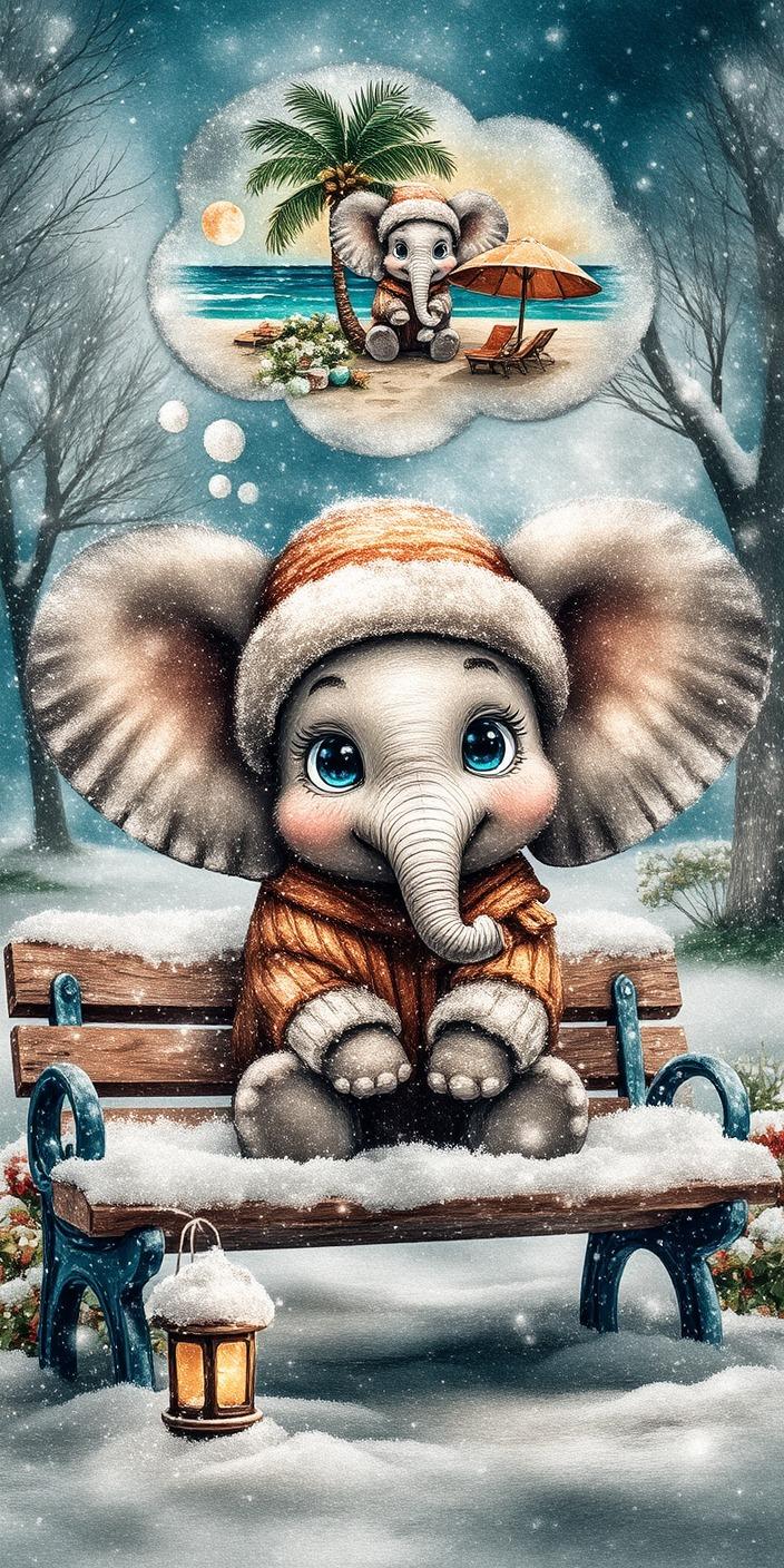 Cute Winter Elephant Dreaming of Beach Wallpaper