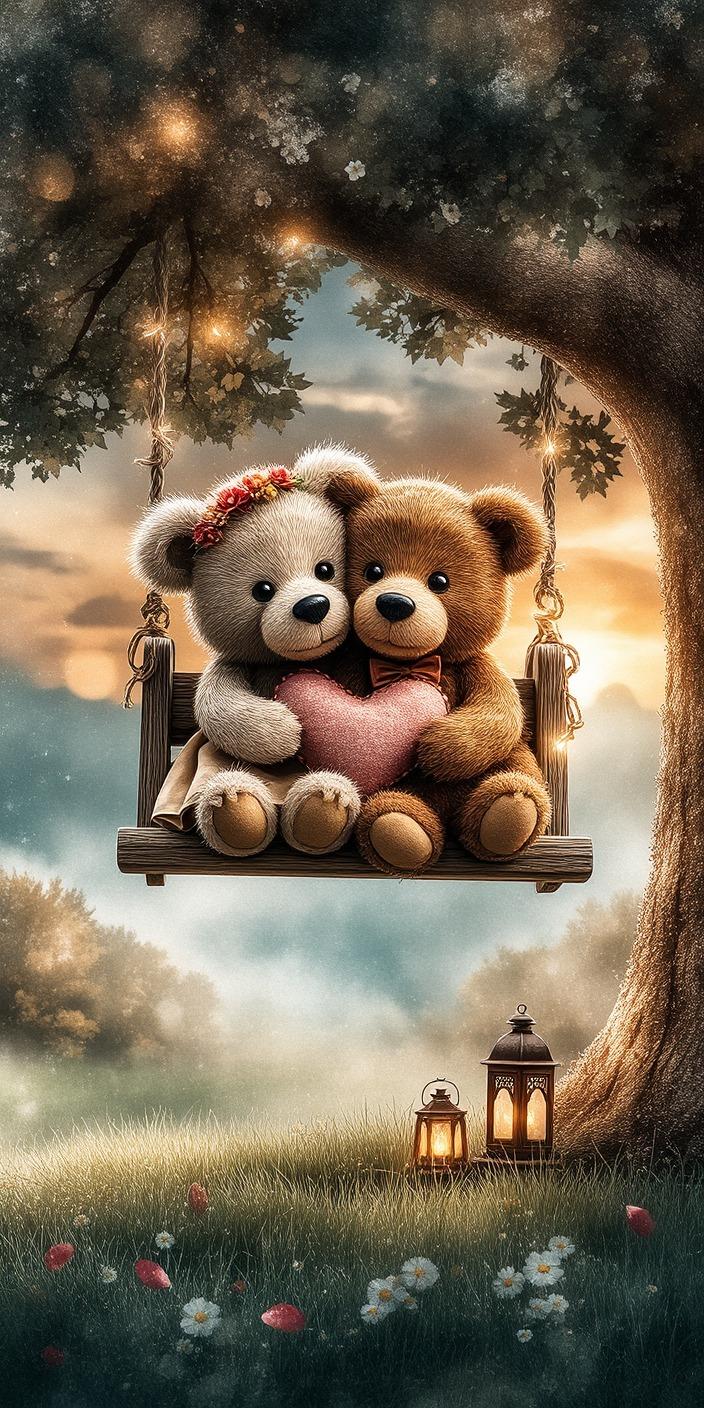 Teddy Bears on a Tree Swing Wallpaper