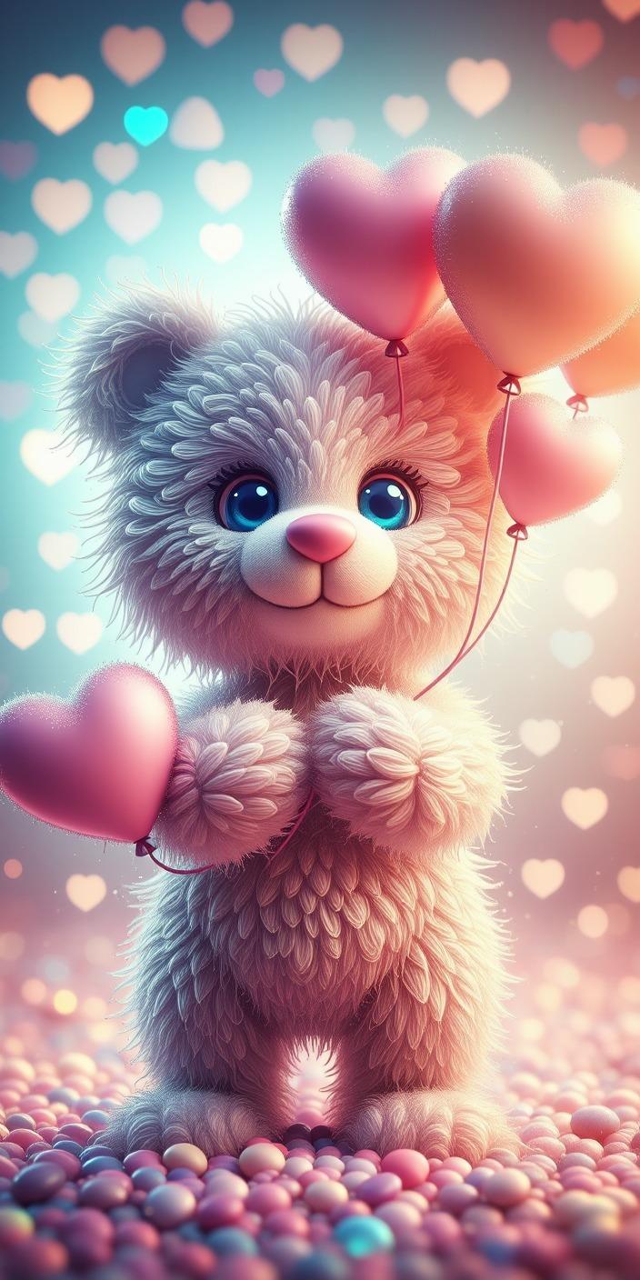 Cute Teddy Bear with Heart Balloons Wallpaper