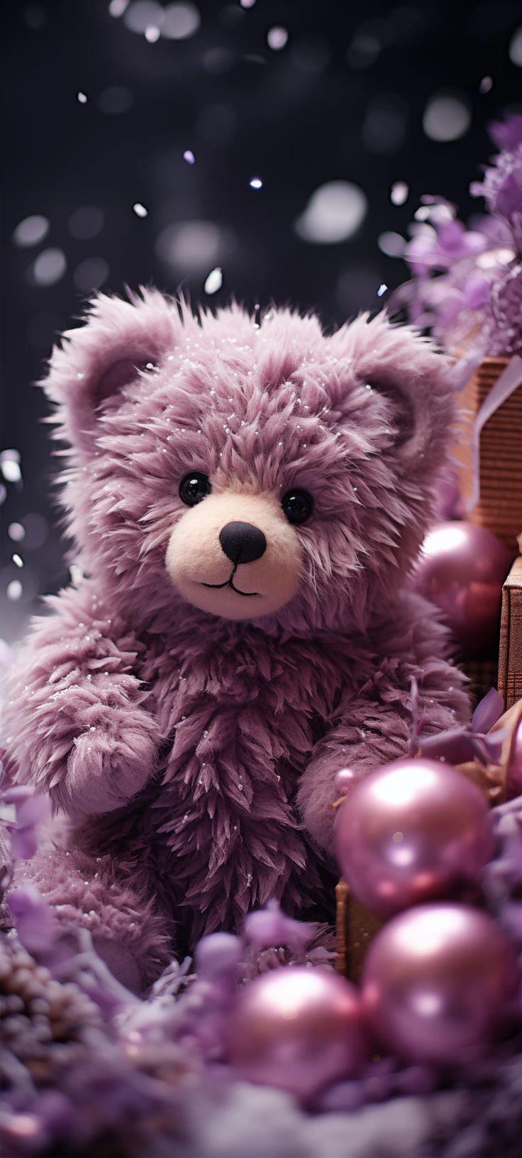 Purple Teddy Bear Winter Wallpaper | Cozy Holiday Aesthetic Background