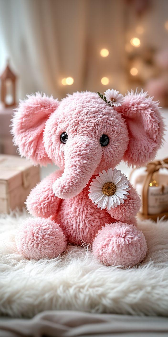 Pink Elephant Daisy Wallpaper | Cute Shaggy Plush Toy Aesthetic Background