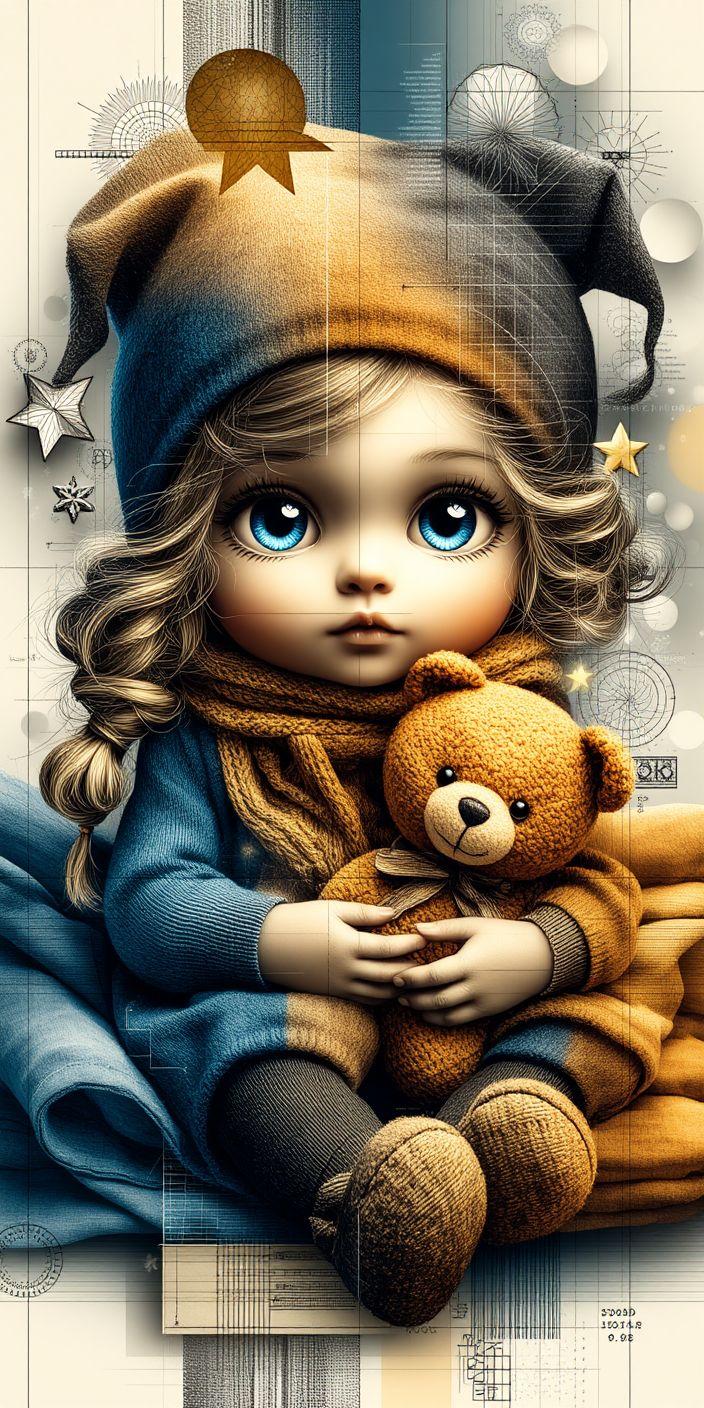 Cute Doll Girl Holding Teddy Bear Wallpaper