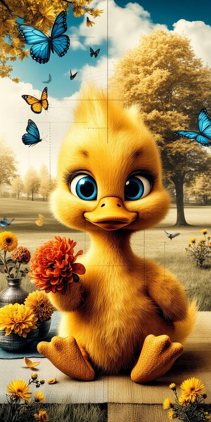 Cute Baby Duck Holding Flower Wallpaper