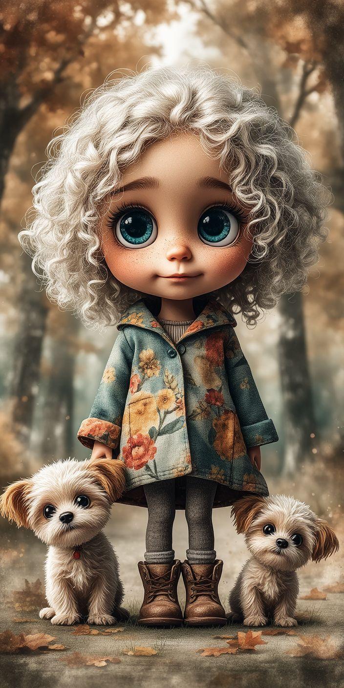 Cute Curly-Haired Girl with Puppies Wallpaper