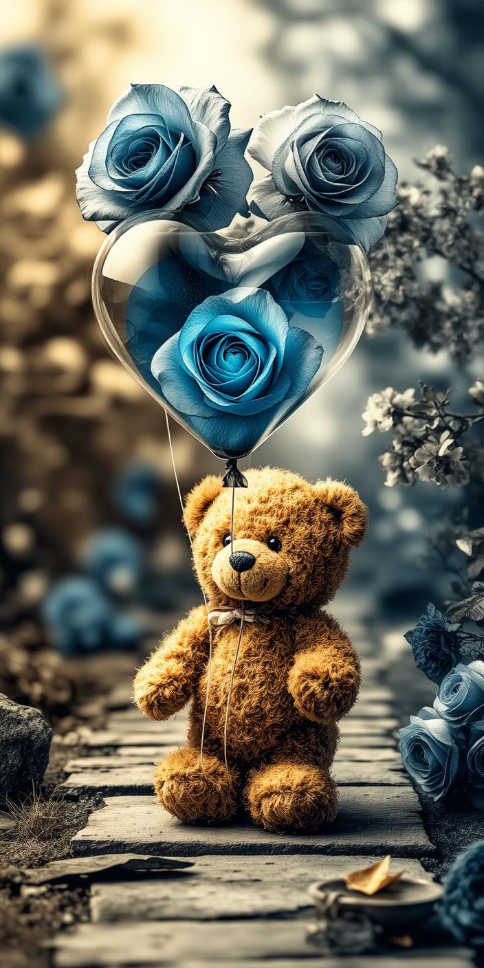 Whimsical Blue Rose Teddy Bear Wallpaper