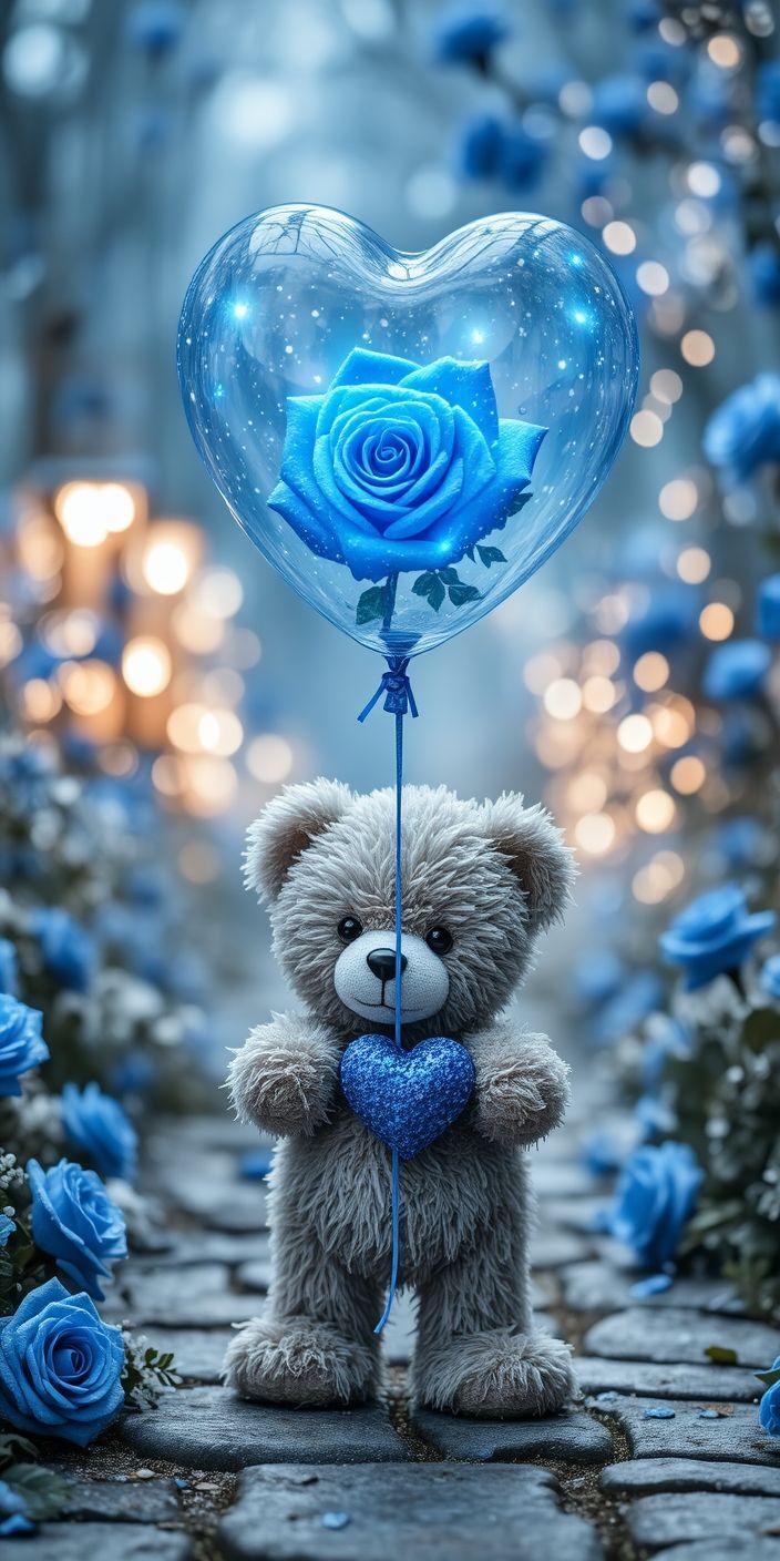 Whimsical Blue Rose Teddy Bear Wallpaper