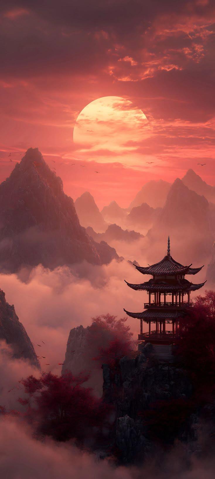 Mystical Sunset Temple in the Mountains Wallpaper