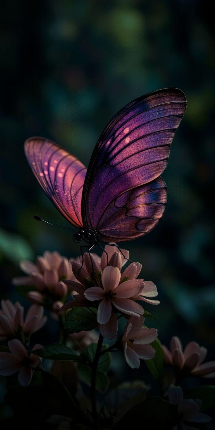 Glowing Purple Butterfly on Night Flowers Wallpaper