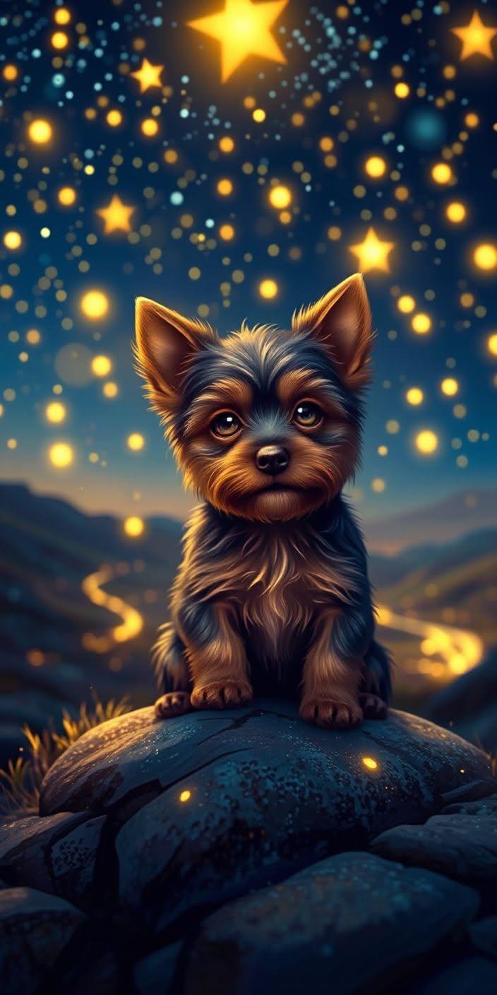 Cute Puppy Under the Stars Wallpaper