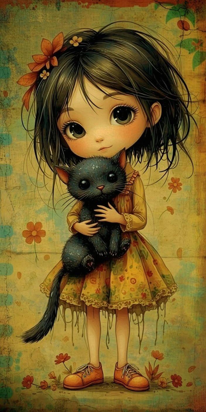 Cute Girl and Black Cat Wallpaper