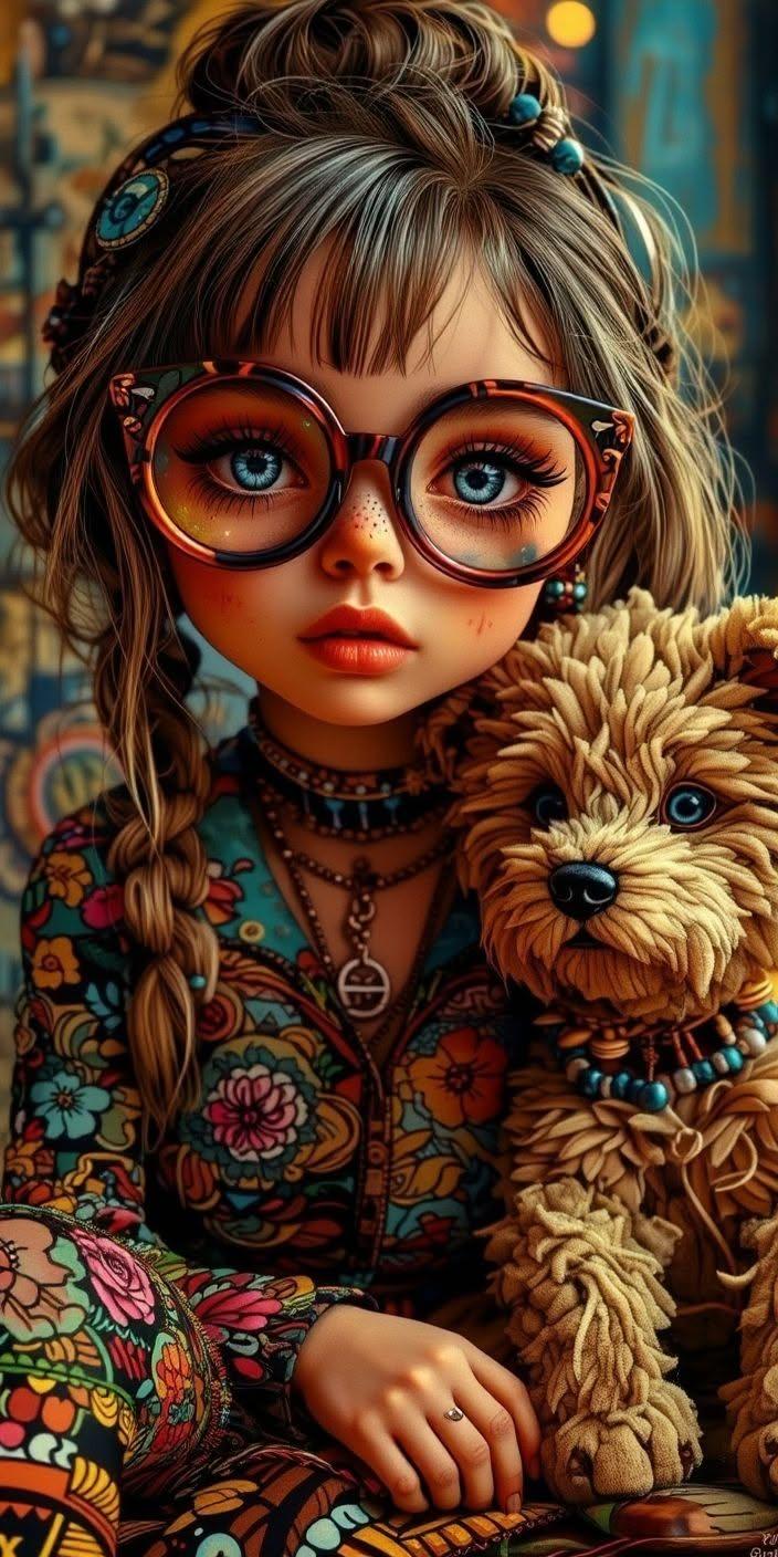 Boho Hippie Girl with Scruffy Puppy Wallpaper