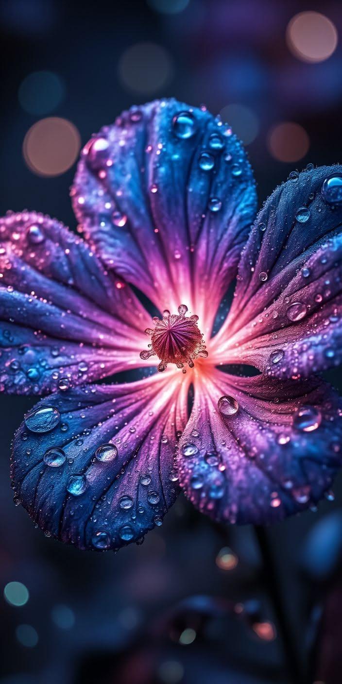 Glowing Neon Purple Flower with Raindrops Wallpaper
