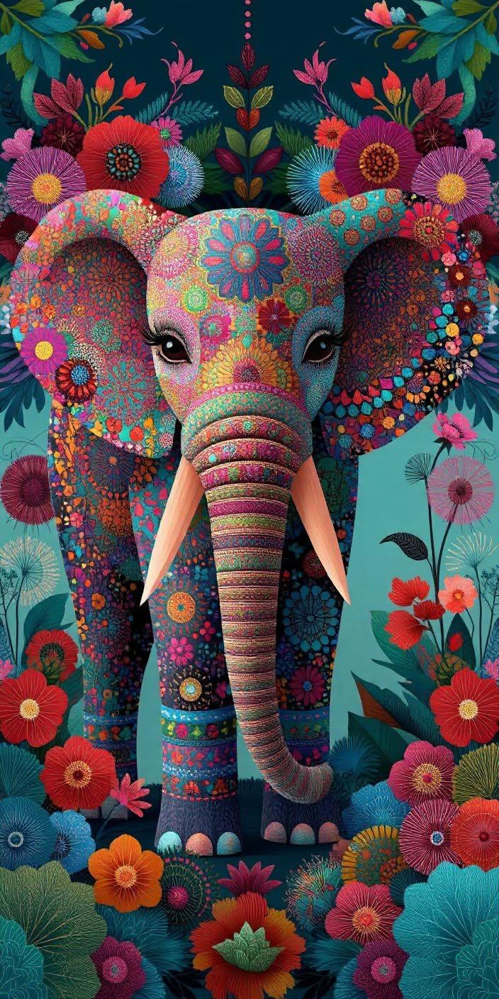 Vibrant Folk Art Elephant Floral Wallpaper