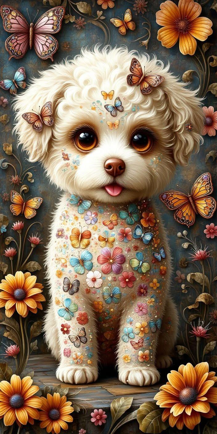 Cute Floral Puppy and Butterflies Wallpaper