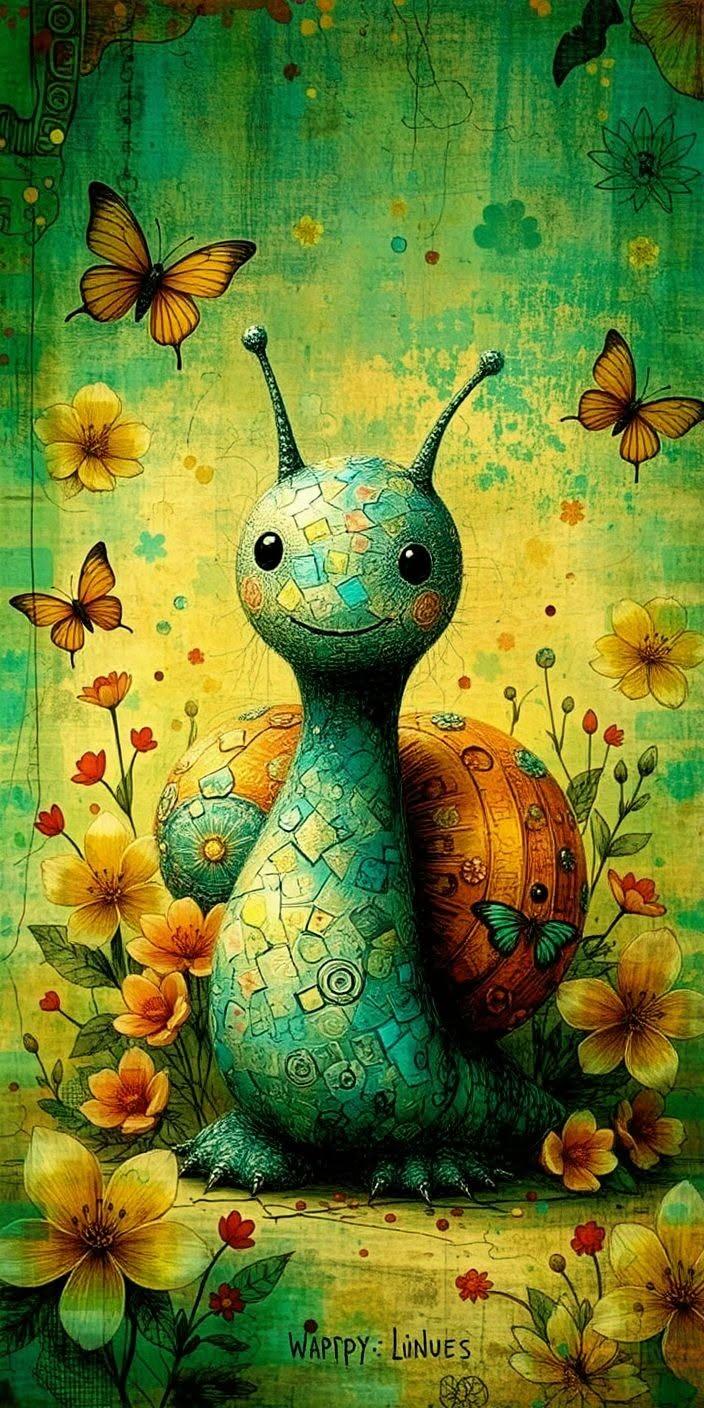 Quirky Teal & Orange Patchwork Snail Wallpaper