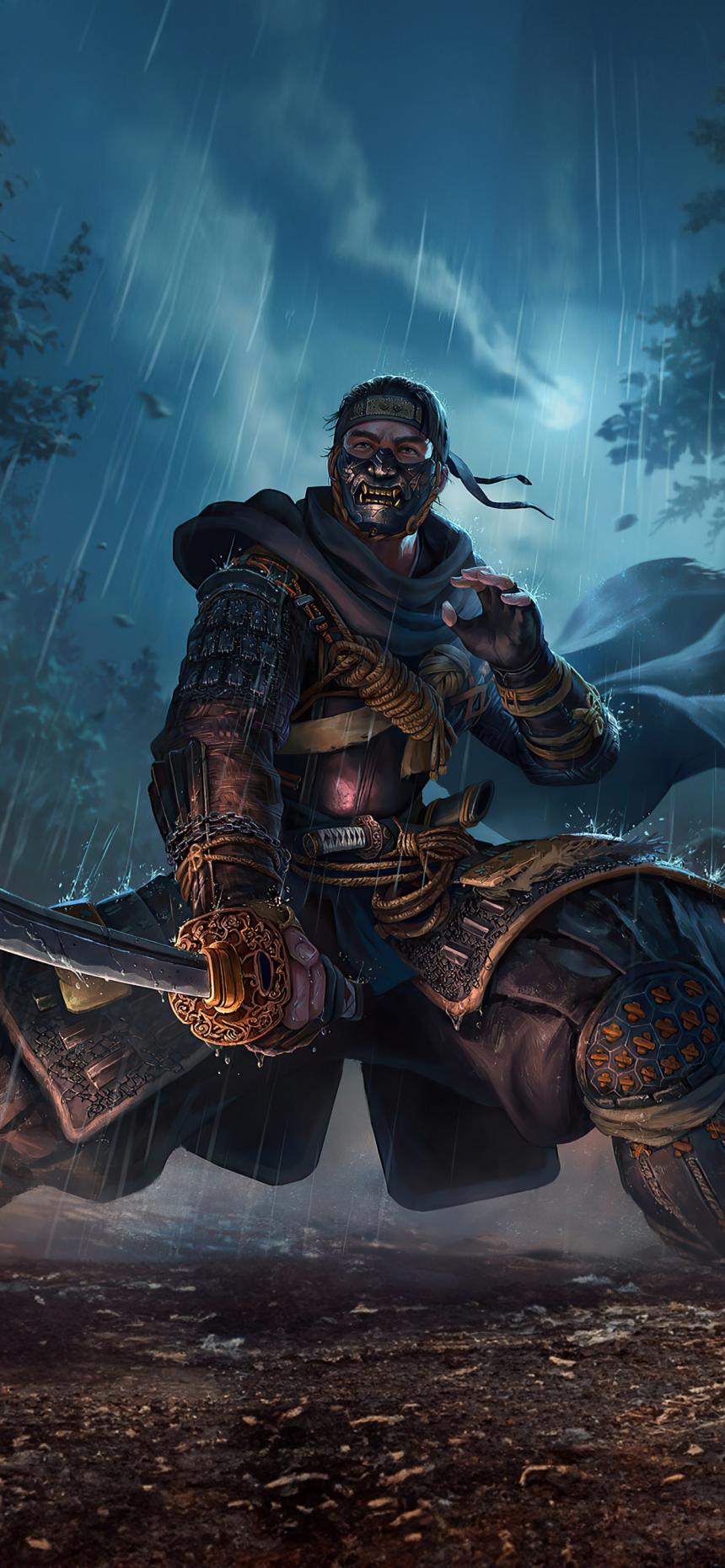 Ghost Samurai Warrior in the Rain – Epic Dark Fantasy Wallpaper