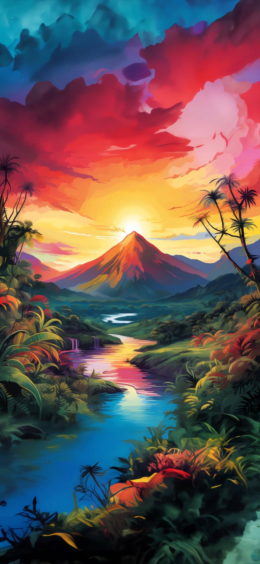 Vibrant Tropical Volcano Sunset – Colorful Nature Wallpaper