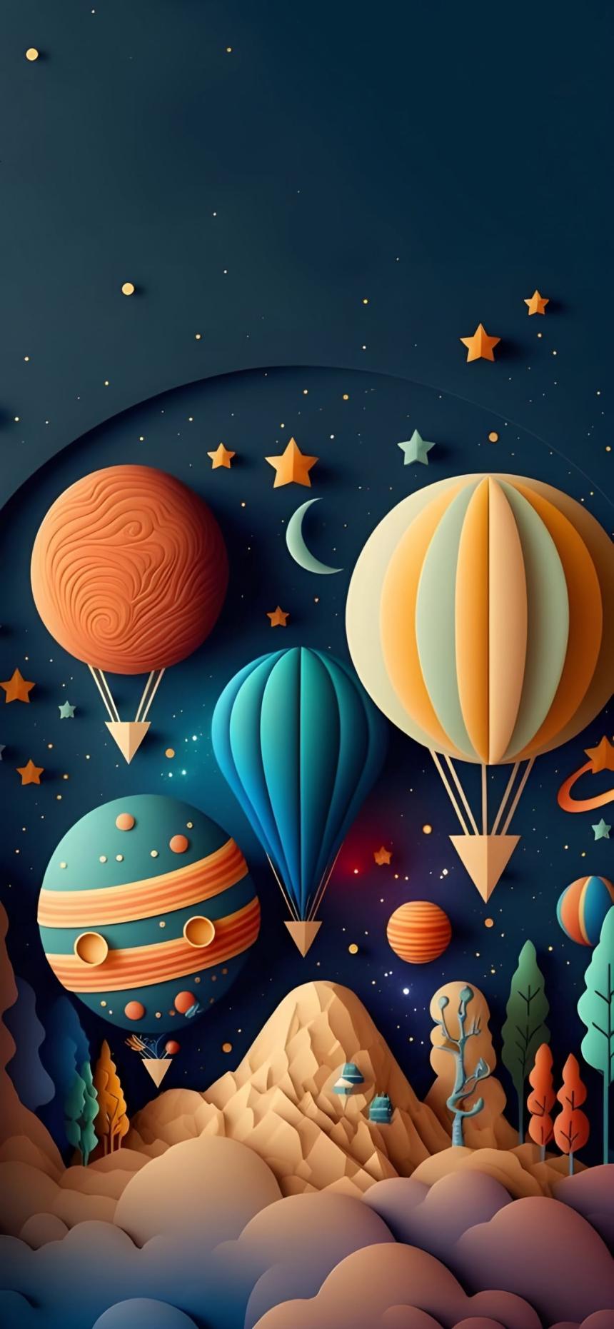 Cute Space Balloon Wallpaper – Dreamy Cosmic Paper Art