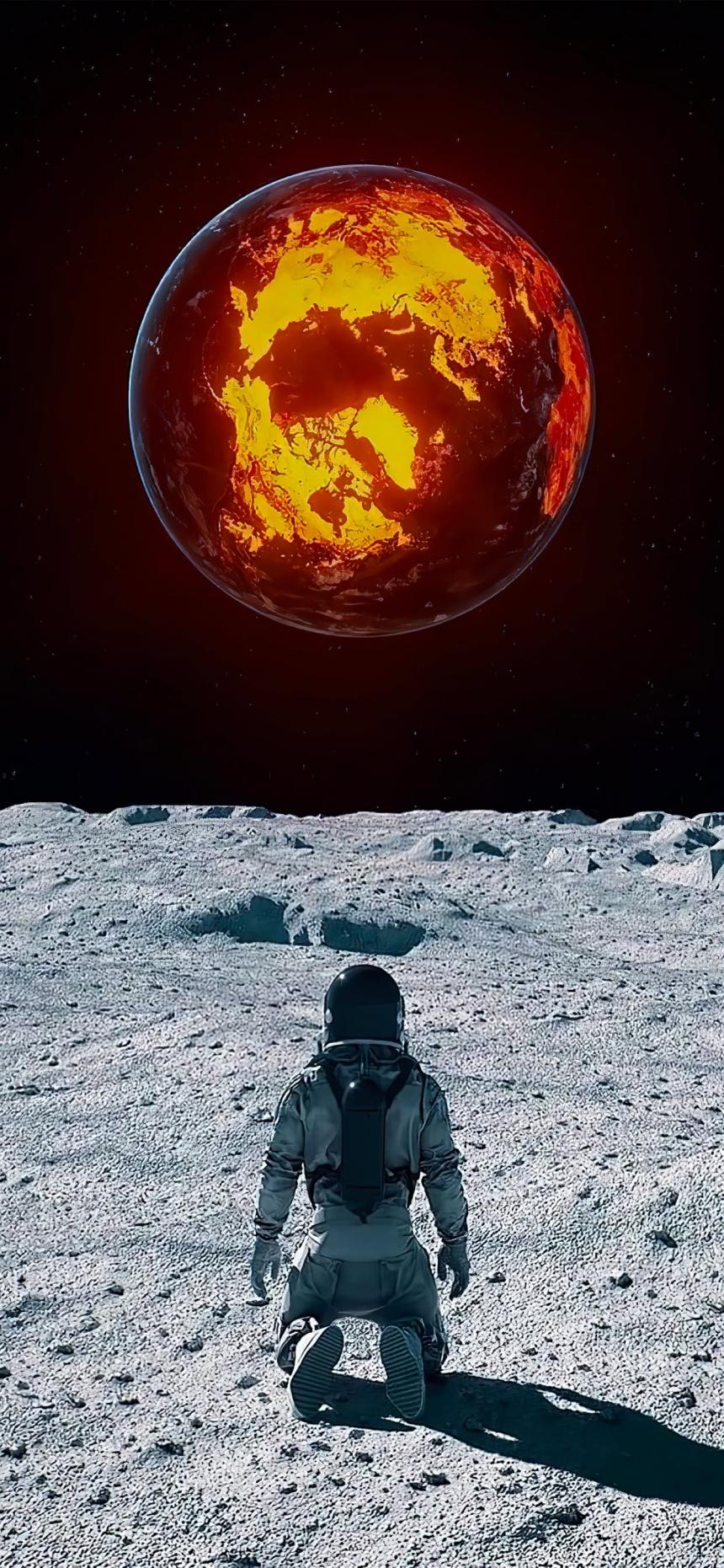 Fiery Burning Earth Astronaut Wallpaper