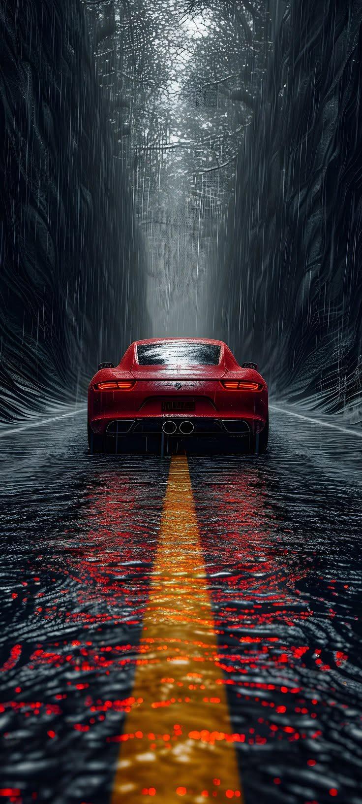 Cinematic Red Sports Car in Heavy Rain Phone Wallpaper