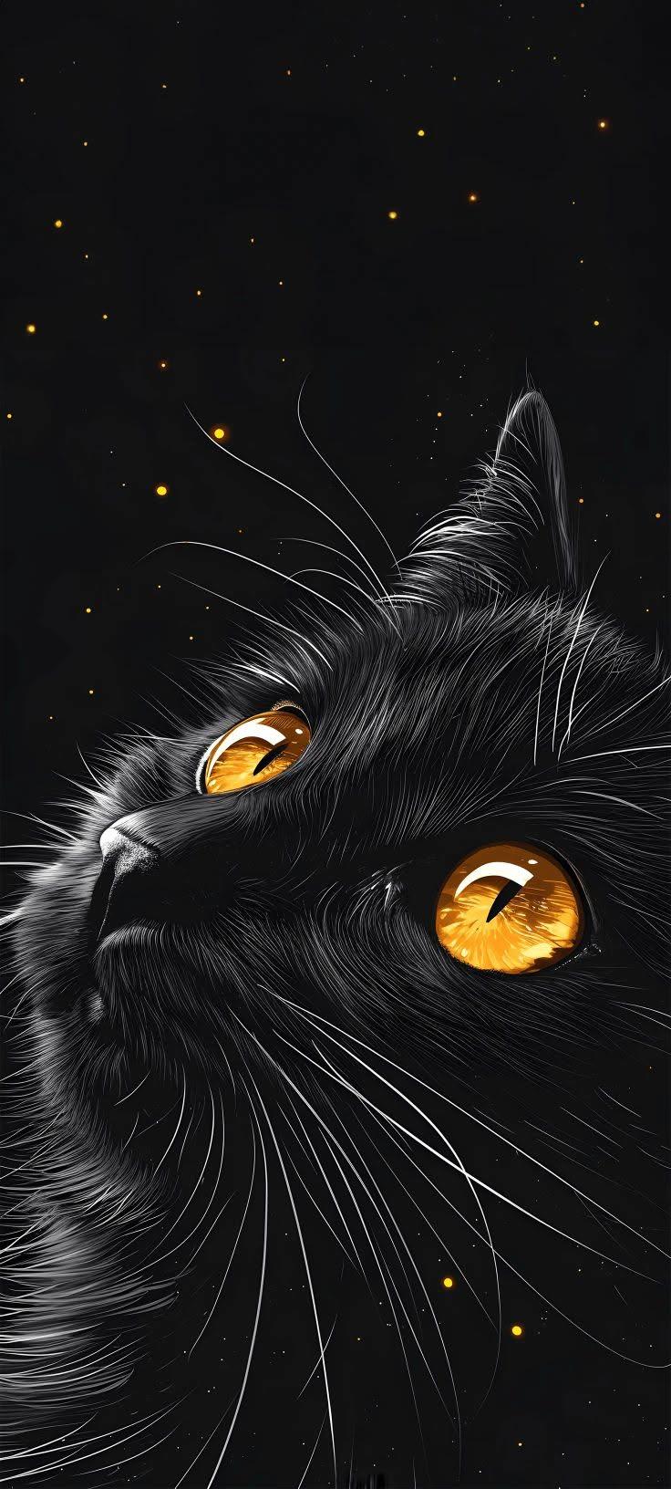 Mystical Black Cat with Glowing Amber Eyes Phone Wallpaper