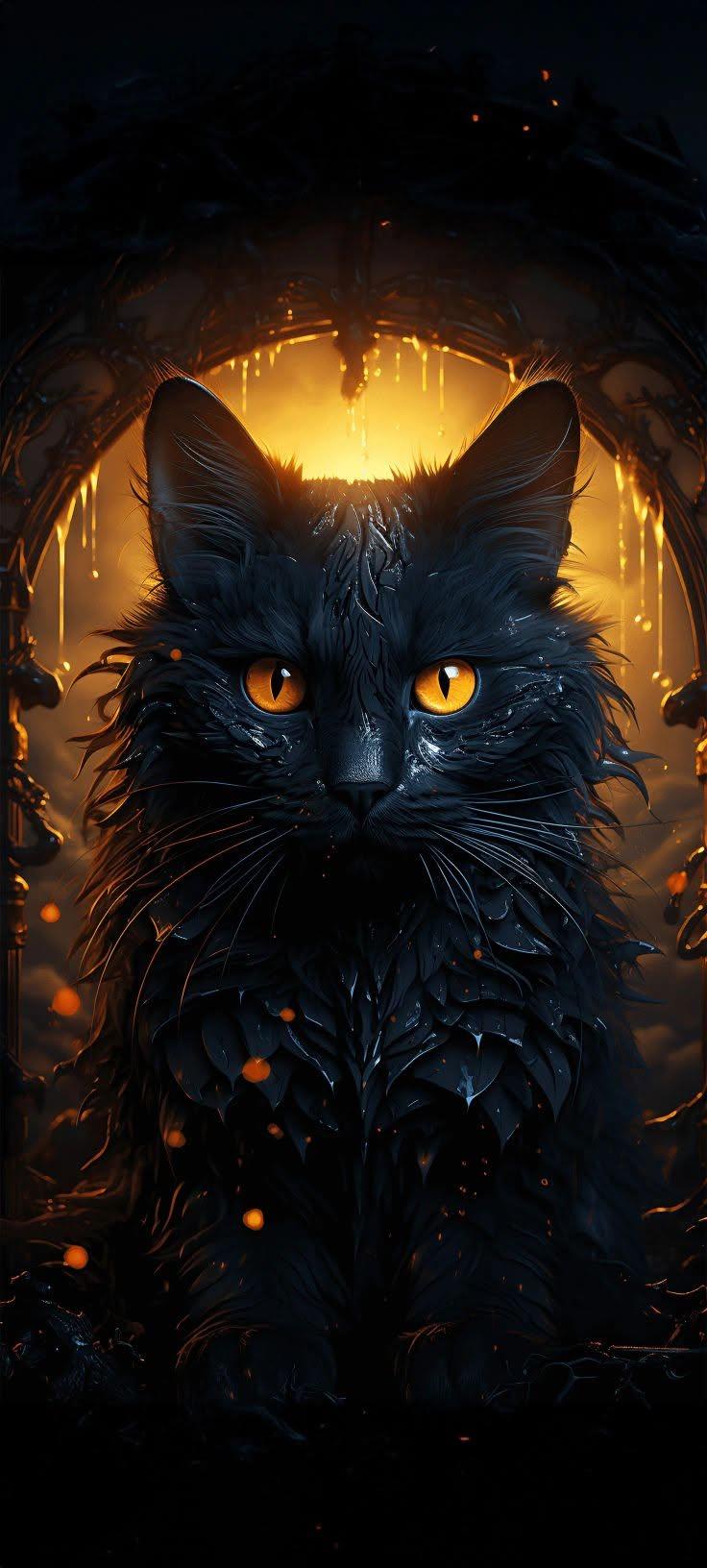 Mystical Black Cat with Amber Eyes Fantasy Phone Wallpaper