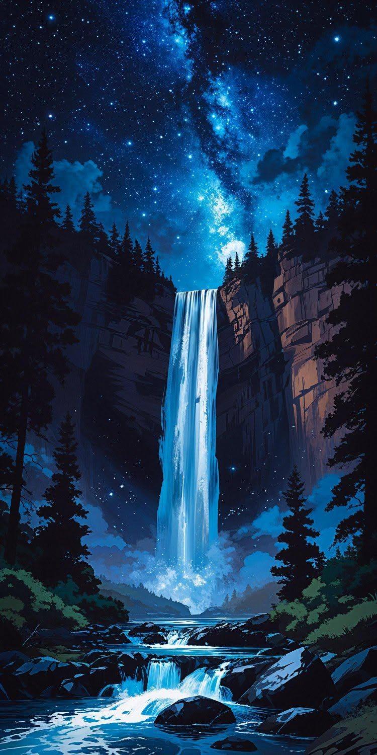 Starlit Waterfall Fantasy Wallpaper