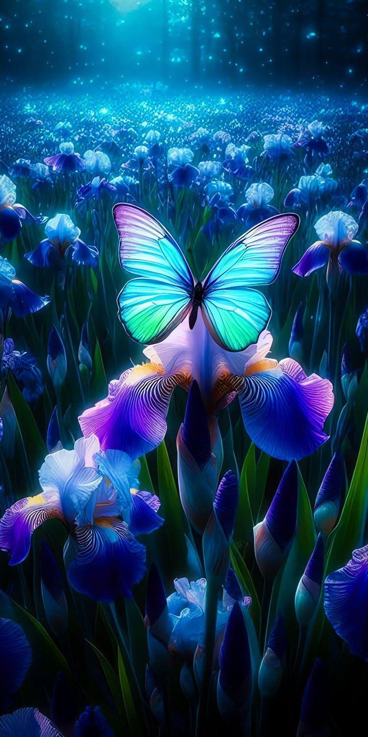 Enchanted Butterfly Iris Garden Wallpaper