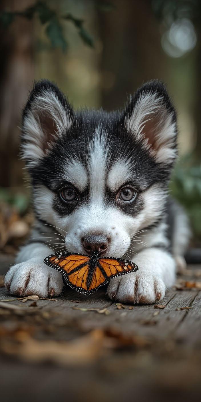 Cute Husky Puppy and Butterfly Wallpaper